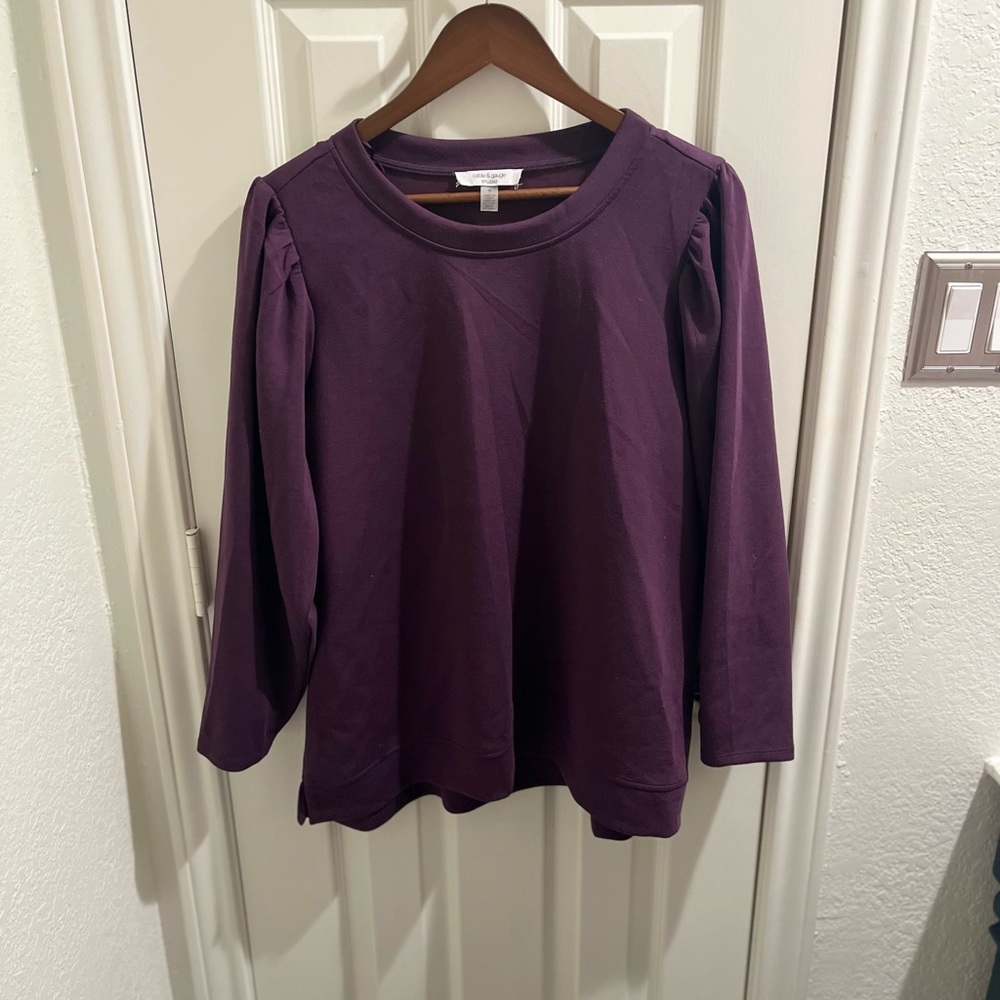 Cable & Gauge Purple Collared Crew Neck Puffy Long Sleeve Top  1X New W/O Tags